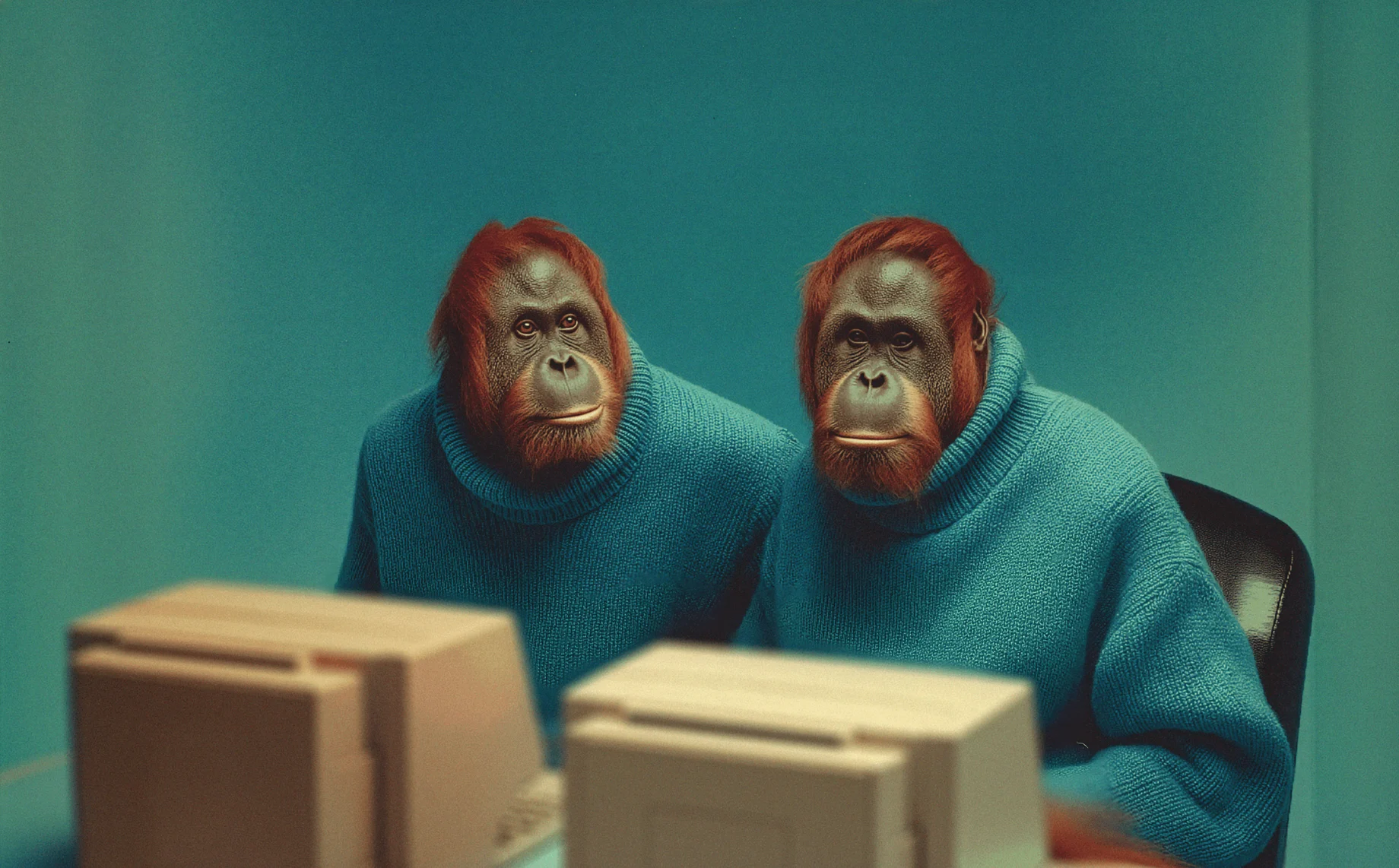 Two orangutans in blue sweaters at their computers: our slightly less human studio portrait